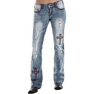 Bootcut Jeans Women Denim Mid Rise Ripped Embroidered Cross Stretchy Fit Long Pa